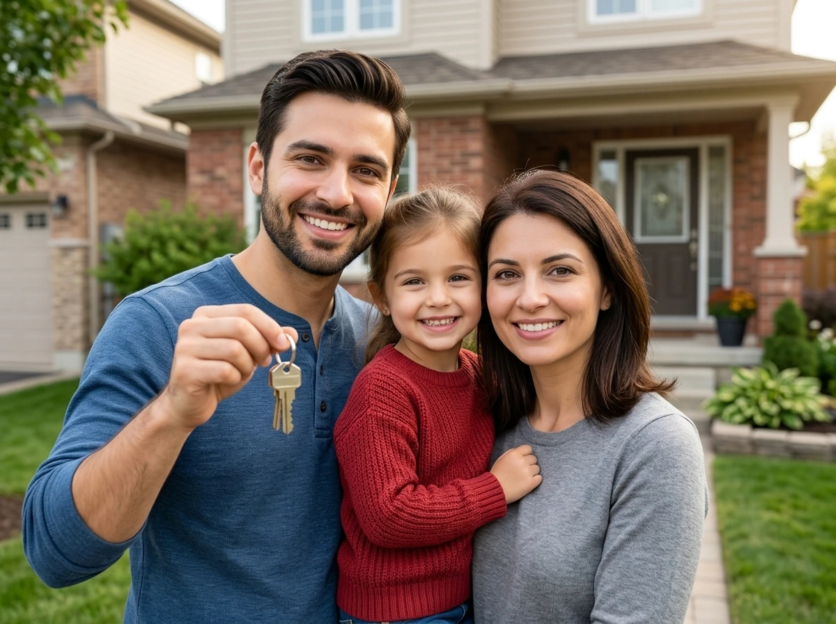 Canadian family smiling outside their home representing homeownership and financial growth