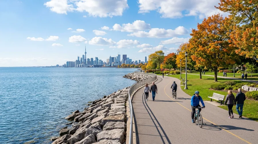 Lakeside waterfront park path in Oakville with view of Toronto skyline