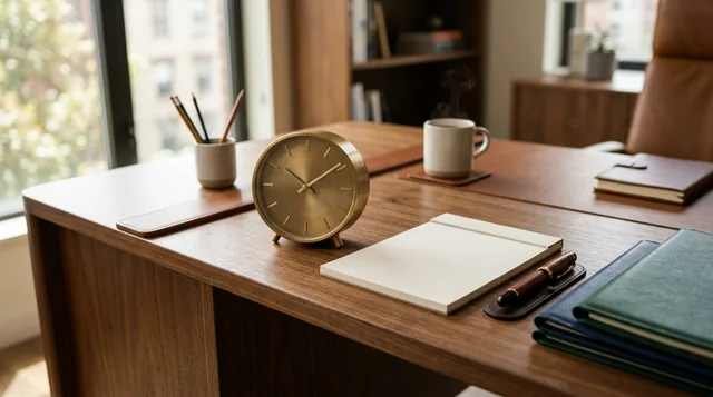Minimalist brass desk clock, leather desk pad, calendar, and fountain pen on executive walnut desk