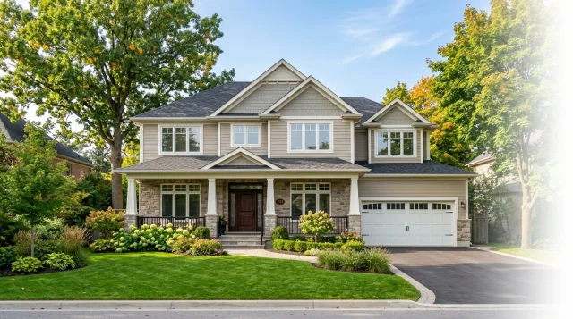 Contemporary Canadian custom residential home exterior featuring modern wood and stone accents