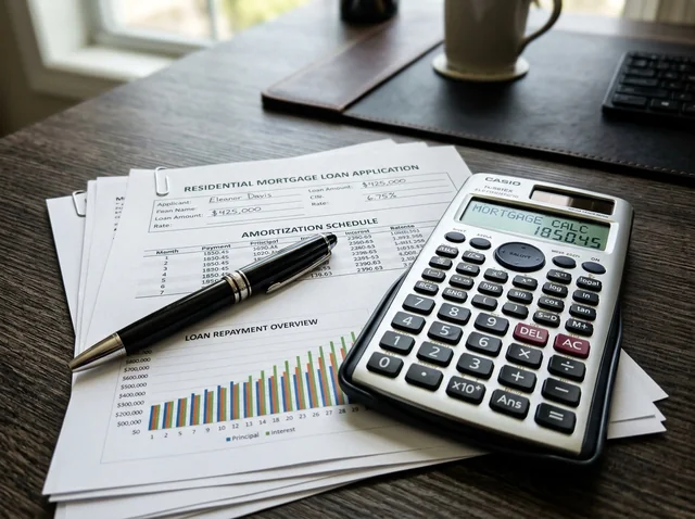 Financial worksheet, mortgage application forms, calculator, and pen arranged on a desk
