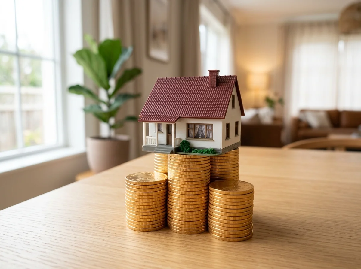 Miniature model house placed atop stacks of golden coins representing home equity growth