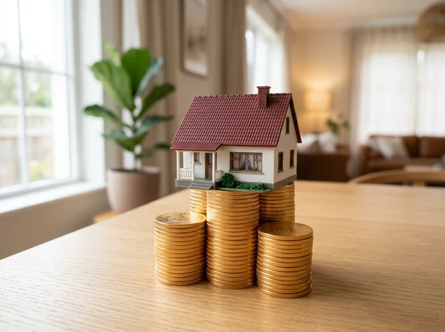 Miniature model house placed atop stacks of golden coins representing home equity growth