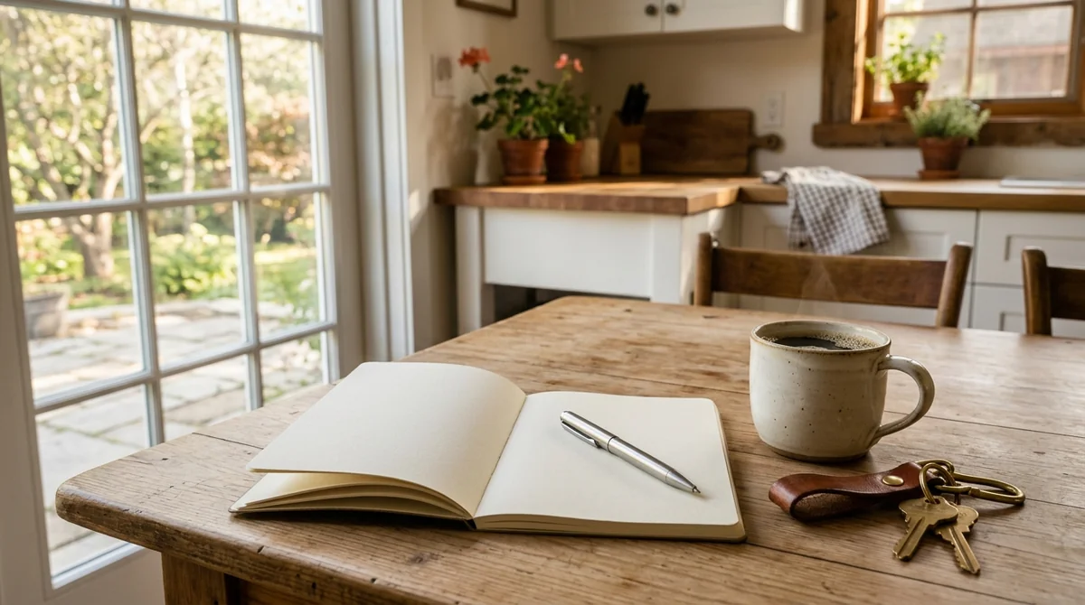 Wooden kitchen table with an open planning notebook, pen, house keys, and a coffee mug in natural sunlight