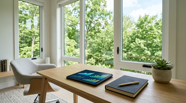 Sunlit home office study with tablet showing financial charts, notebook, and large window overlooking green trees