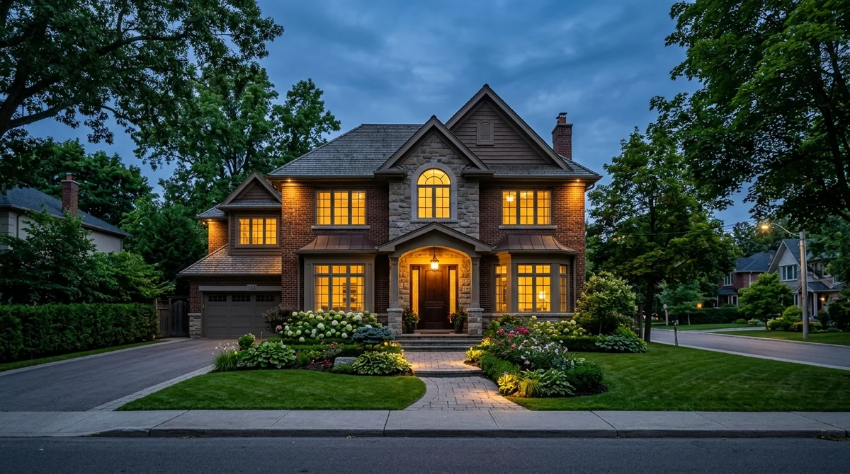 Stately two-storey Canadian brick and stone family home illuminated with warm window lights at twilight