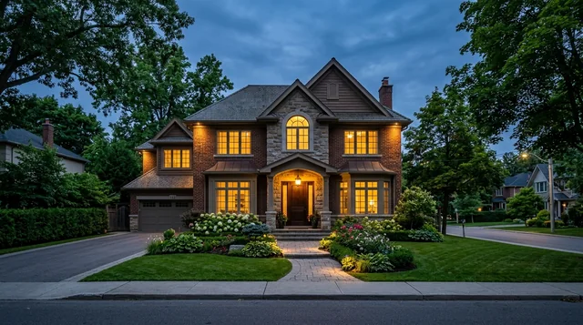 Stately two-storey Canadian brick and stone family home illuminated with warm window lights at twilight
