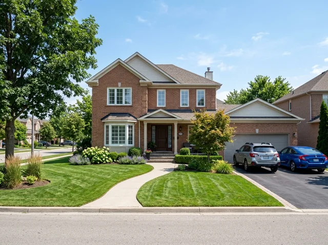 Established Canadian single-family suburban home with green lawn, driveway, and trees