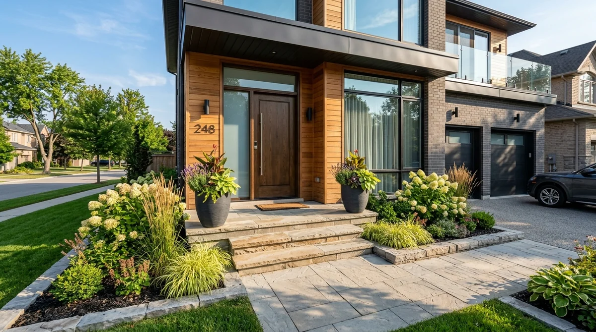 Architectural front entrance of a modern home with stone steps, lush planters, and solid wood door