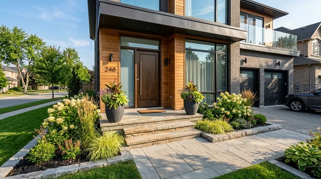 Architectural front entrance of a modern home with stone steps, lush planters, and solid wood door
