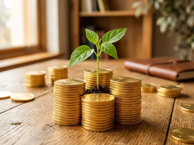 Vibrant green plant seedling sprouting from soil alongside coins symbolizing investment growth
