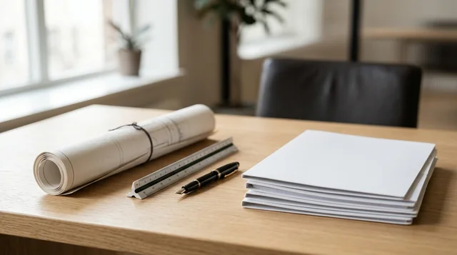 Architectural house plan rolls, triangular drafting scale, fountain pen, and white document binders on desk