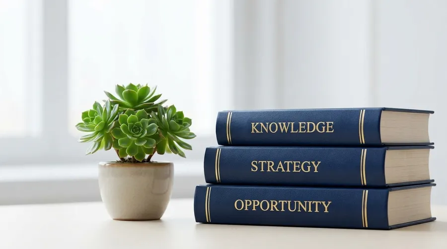 Stack of hardcover books labeled Knowledge, Strategy, Opportunity next to a succulent plant